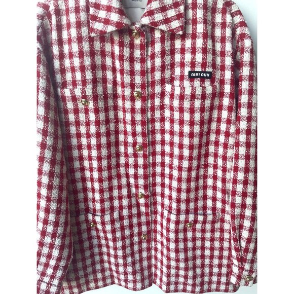 Miu Miu Red & White Checkered Button-Up Jacket With Pockets Made In Italy Wool B - Picture 6 of 9